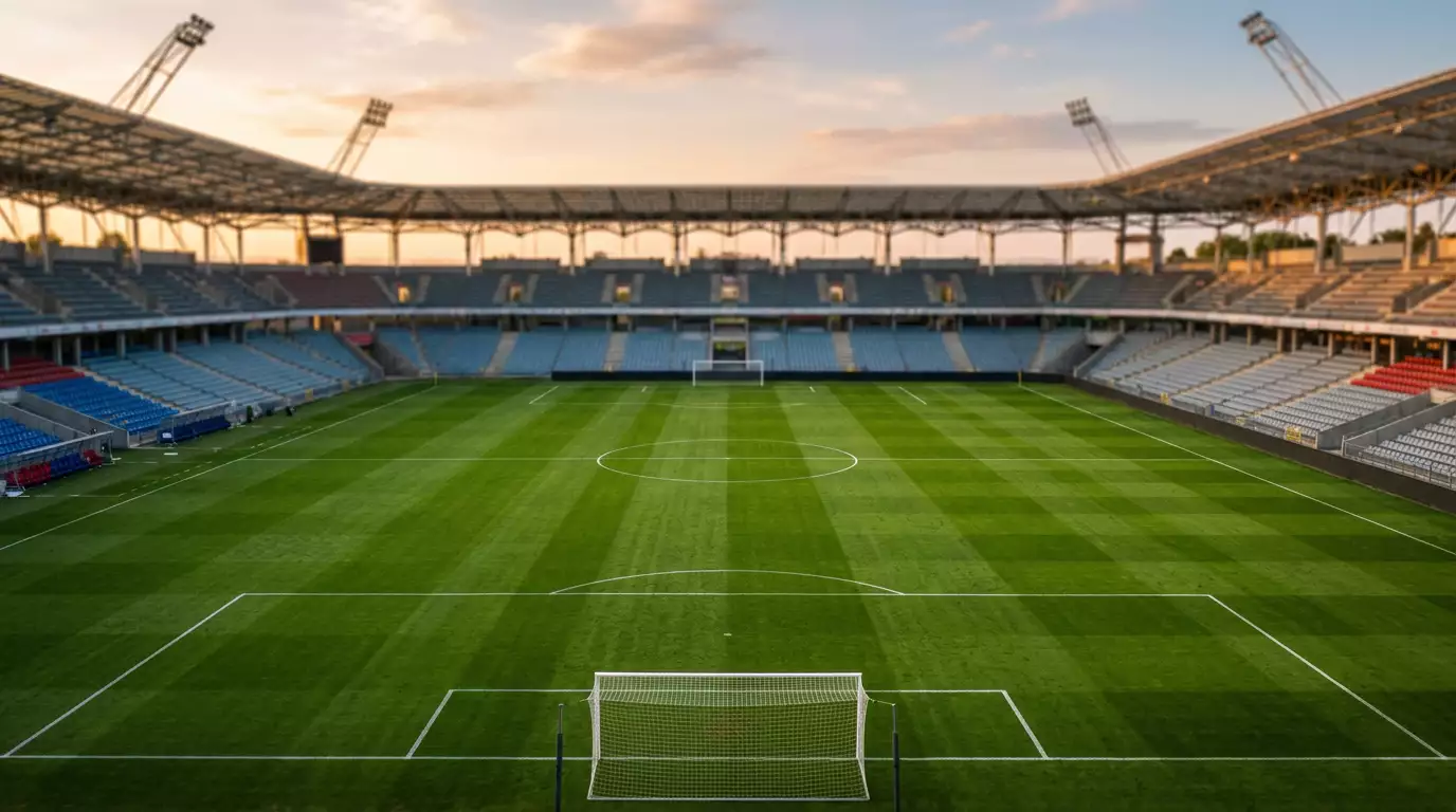 Lege groene grasmat van een WK-stadion in de avondzon, klaar voor een beslissend groepsduel