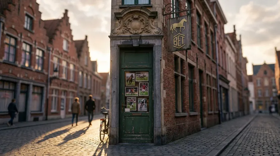 Gevel van een traditioneel Belgisch wedkantoor met wedschriften in een stadsstraat