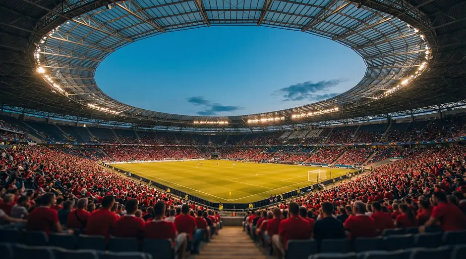 Voetbalstadion gevuld met fans tijdens een avondwedstrijd op het WK 2026
