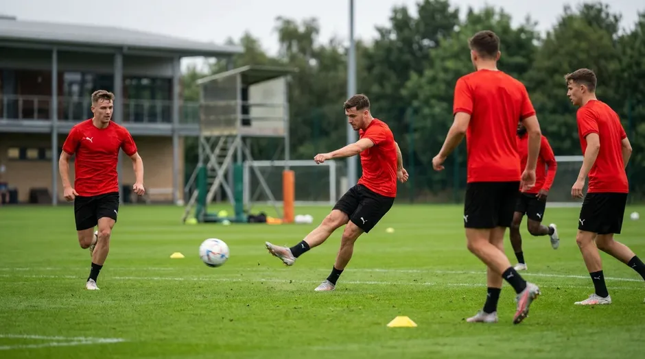 Voetballers in rode shirts op het trainingsveld tijdens een nationale ploeg sessie