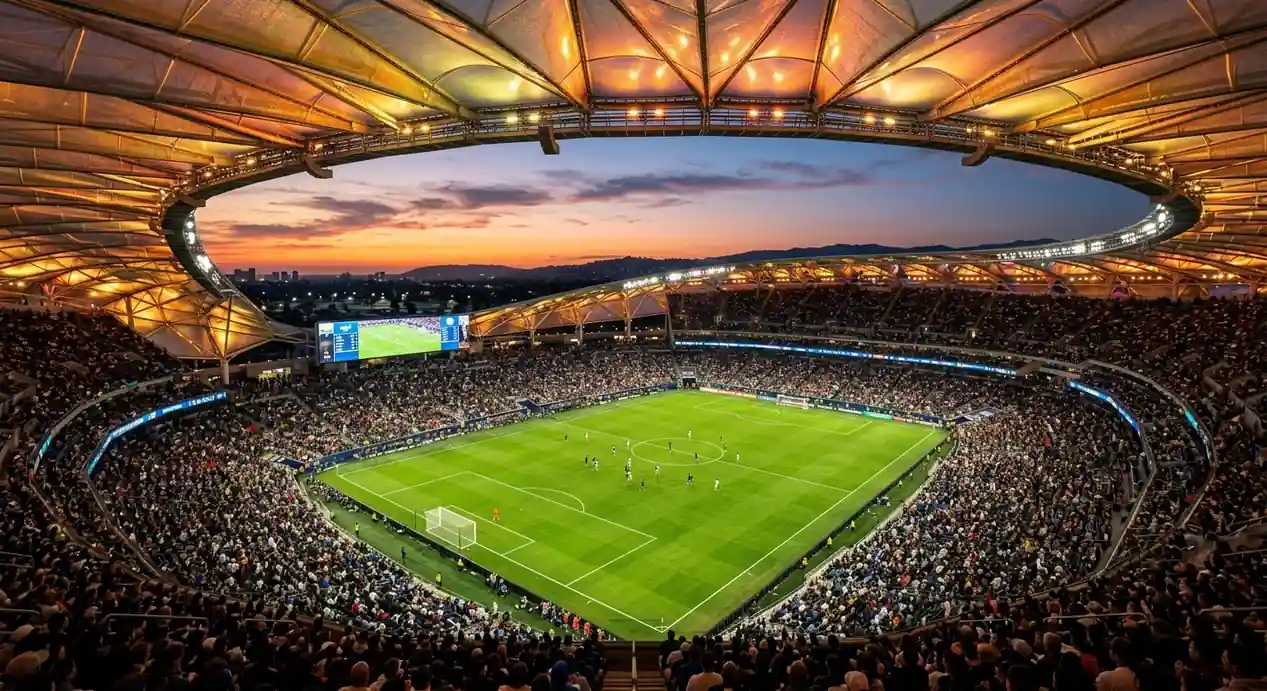 Het SoFi Stadium in Los Angeles bij valavond met verlichte transparante gevel en een felgroen veld
