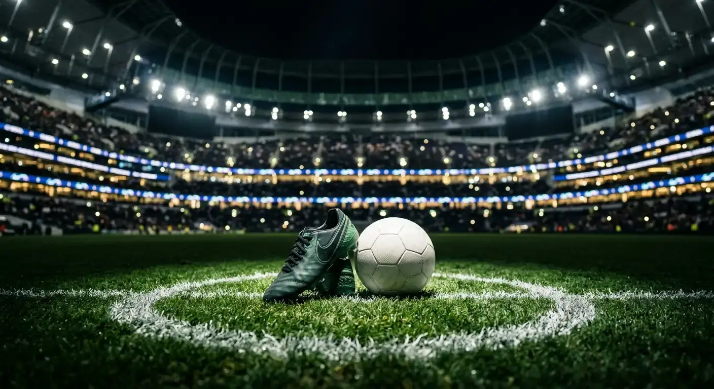 Voetbalschoen en bal op de middenstip van een verlicht stadion, symbool voor de topschutterstrijd