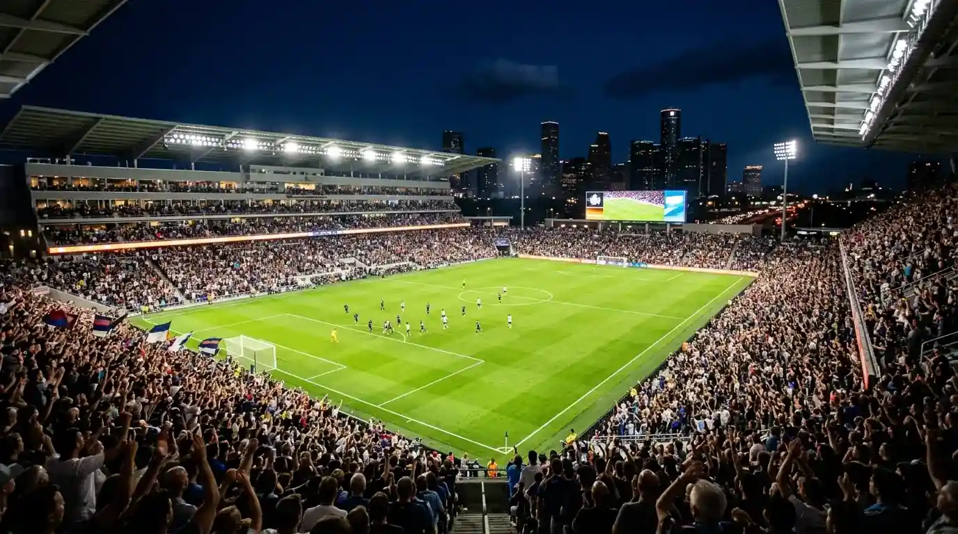 Nachtelijk WK-stadion in Seattle met verlichte tribunes vlak voor een knock-outwedstrijd