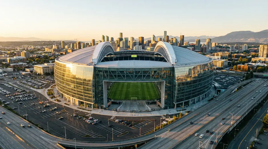 Kaart met de 16 WK 2026-stadions verdeeld over de Verenigde Staten, Mexico en Canada
