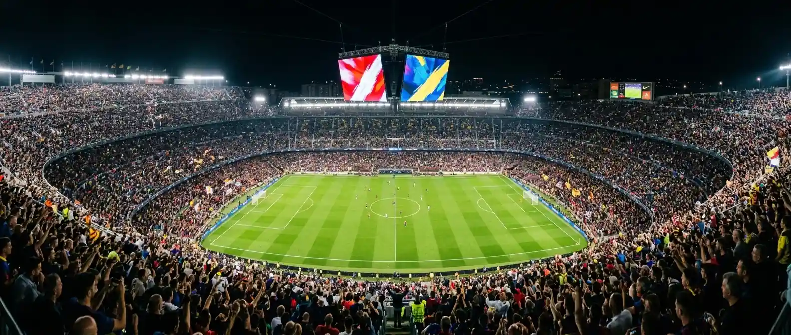 Overzicht van een WK-stadion met verlichte kwartfinale-borden boven de middenstip, sfeer van een avondmatch