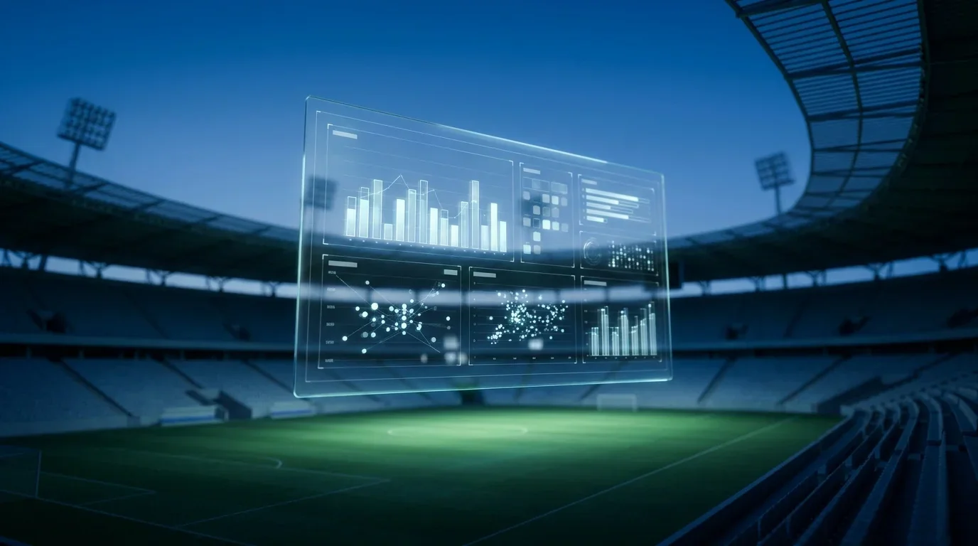 Een datascherm met voetbalstatistieken en grafieken boven een leeg stadion bij avondlicht
