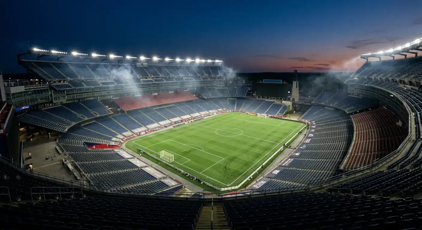 Gillette Stadium in Foxborough vlak na affluiten van de eerste kwartfinale, verlichte tribunes en een leeg veld