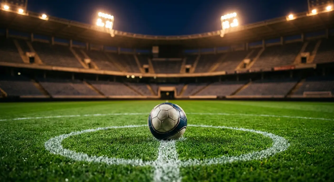 Voetbal op de middenstip van een verlicht WK-stadion vlak voor een avondwedstrijd