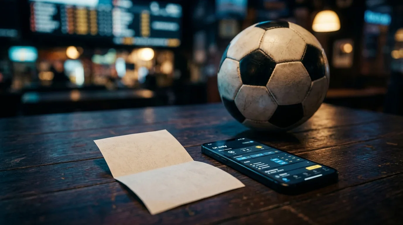 Een wedticket en smartphone met quoteringen op een tafel, gedempt licht, sfeer van afrekening na de wedstrijd